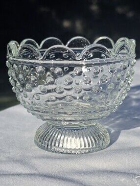Vintage 1950s Jeannette Glass Dewdrop Clear Hobnail Pedestal Dessert Bowl / Cand